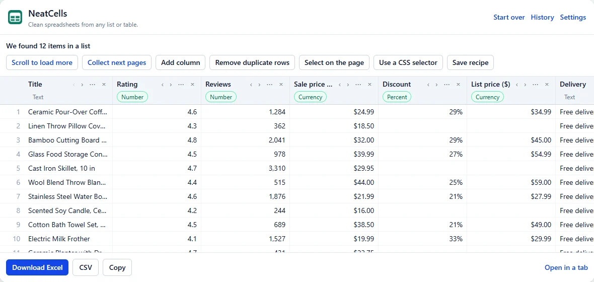 The preview table with typed columns: Rating and Reviews as numbers, Sale price and List price as currency, Discount as a percentage.