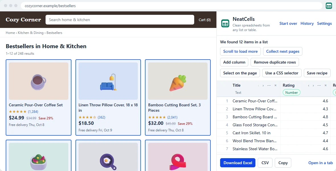 A shop's bestseller list with the NeatCells panel beside it: 12 items found, shown as a table with Title, Rating and Reviews columns, and a Download Excel button.
